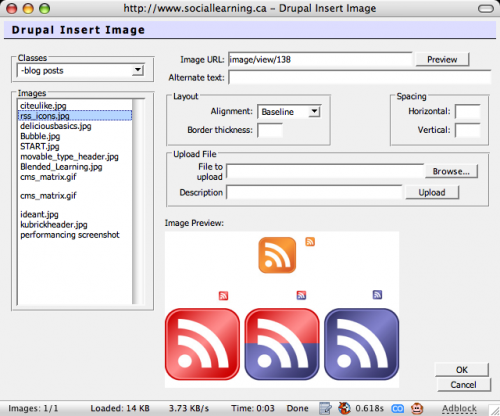 HTMLArea image insert/upload utility: A screenshot of the HTMLArea image insert/upload utility, taken from SocialLearning.ca  - running Drupal 4.6