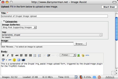 Screenshot of Drupal Image Upload: This is a screenshot of the Drupal img_assist image upload form, triggered by the drupalimage plugin for the TinyMCE module.