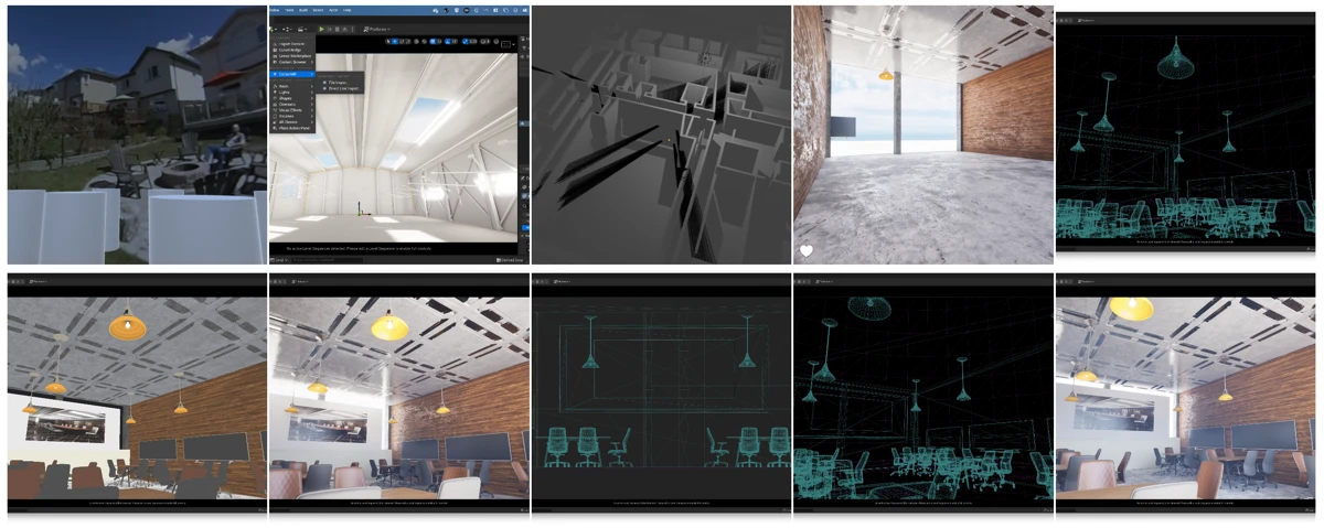 Some of my own initial modelling work in video game engines - top left was a mockup of interacting with 360˚ video in Unity, the others are mockups of learning spaces built in Unreal Engine 5.